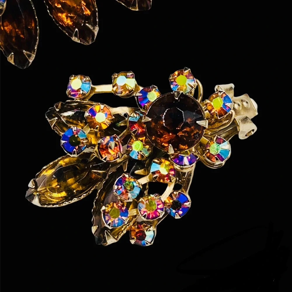 Stunning Huge Vintage Topaz and AB Rhinestone Brooch Earring Set